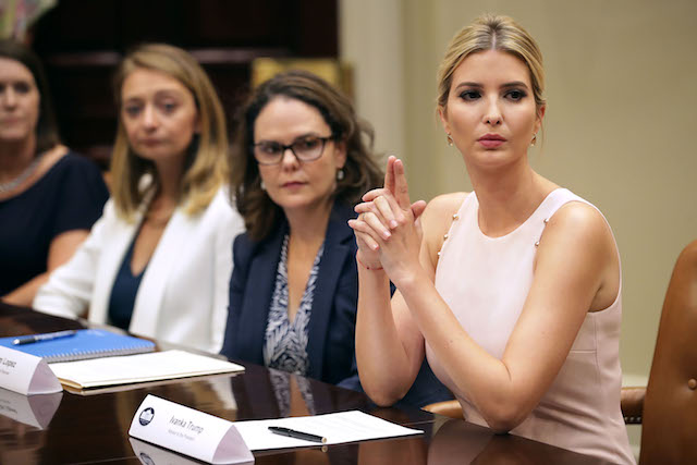 WASHINGTON, DC - AUGUST 02: Assistant to the President and Donlad Trump's daughter Ivanka Trump (R) delivers opening remarks during a listening session with military spouses (L-R) Karla Mettling, Nicole Zillox and Kim Lopez in the Rooselvelt Room at the White House August 2, 2017 in Washington, DC. The military spouses said the choose professions that they can practice no matter where their partners are stationed but that licencing and certification continues to be a challenge when moving to a new post. (Photo by Chip Somodevilla/Getty Images)