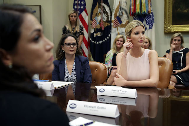 WASHINGTON, DC - AUGUST 02: Assistant to the President and Donlad Trump's daughter Ivanka Trump (R) hosts a listening session with military spouses, including Kim Lopez (2nd L), in the Roosevelt Room at the White House August 2, 2017 in Washington, DC. The military spouses said the choose professions that they can practice no matter where their partners are stationed but that licencing and certification continues to be a challenge when moving to a new post. (Photo by Chip Somodevilla/Getty Images)