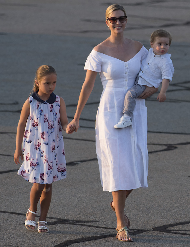 Ivanka Trump, daughter of US President Donald Trump, along with her children, Arabella (L) and Theodore, walk to board Air Force One prior to departure Morristown Municipal Airport in Morristown, New Jersey, August 20, 2017, as Trump returns to Washington, DC, following a 17-day vacation at his property in Bedminster, New Jersey. / AFP PHOTO / SAUL LOEB (Photo credit should read SAUL LOEB/AFP/Getty Images)