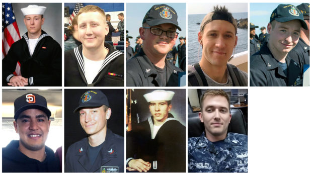 A combination photo showing Kenneth Aaron Smith, Logan Stephen Palmer, John Henry Hoagland III, Dustin Louis Doyon, Jacob Daniel Drake, Timothy Thomas Eckles Jr., Kevin Sayer Bushell, Abraham Lopez, and Charles Nathan Findley. The Navy has not released a photo of Corey George Ingram U.S. Navy/Handout via REUTERS