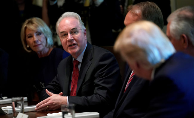 Health and Human Services Secretary Tom Price speaks to President Donald Trump during a Cabinet meeting at the White House in Washington, June 12, 2017. REUTERS/Kevin Lamarque