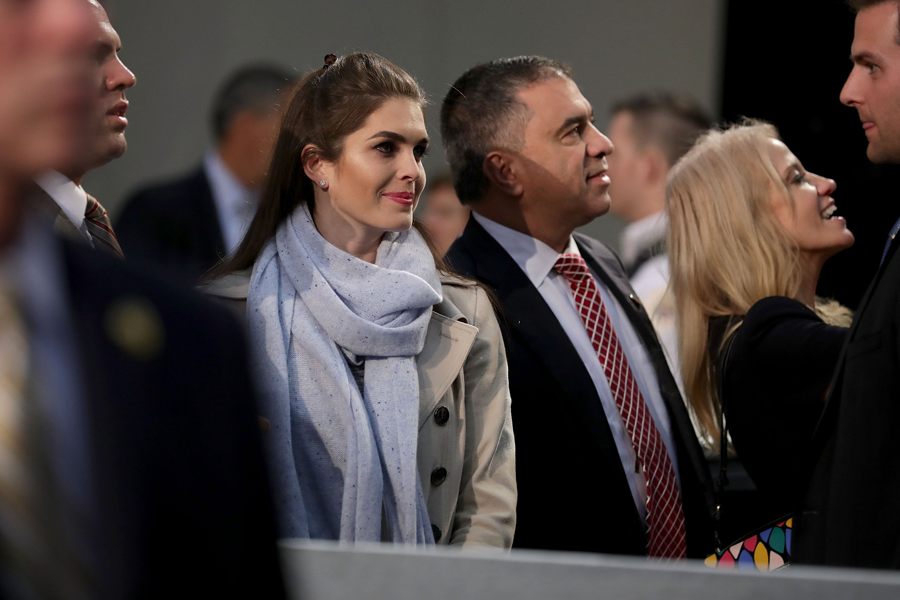 GRAND RAPIDS, MI - NOVEMBER 08: (L-R) Republican presidential nominee Donald Trump's press secretary Hope Hicks, Deputy campaign manager David Bossie and campaign manager Kellyanne Conway listen to Trump during their final campaign rally on Election Day in the Devos Place November 8, 2016 in Grand Rapids, Michigan. Trump's marathon last day of campaigning stretched past midnight and into Election Day. (Photo by Chip Somodevilla/Getty Images)