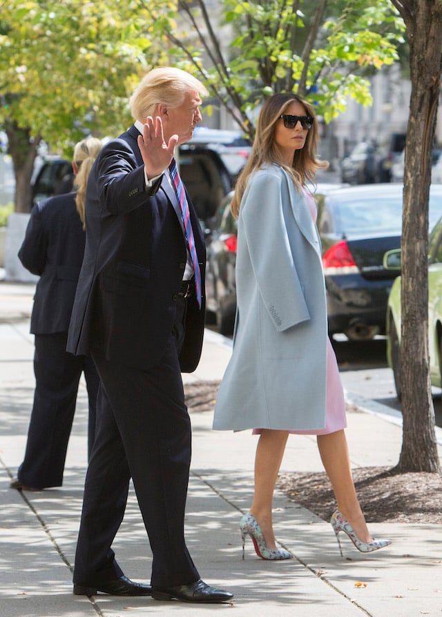 WASHINGTON, DC - SEPTEMBER 03: (AFP OUT) U.S. President Donald Trump and First Lady Melania Trump depart St. John's Church on September 3, 2017 in Washington, DC. Earlier this week, Trump signed a proclamation to declare Sunday a National Day of Prayer for people affected by Hurricane Harvey. (Photo By Chris Kleponis - Pool/Getty Images)
