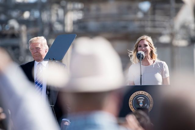 Ivanka Trump introduces US President Donald Trump (L) before he speaks about the need for tax reform at Andeavor Refinery, September 6, 2017, in Mandan, North Dakota. / AFP PHOTO / Brendan Smialowski (Photo credit should read BRENDAN SMIALOWSKI/AFP/Getty Images)