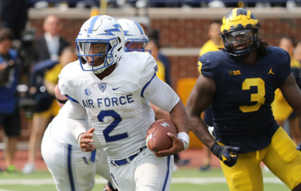 ANN ARBOR, MI - SEPTEMBER 16: Arion Worthman #2 of the Air Force Falcons drops back to pass during the second quarter of the game against the Michigan Wolverines at Michigan Stadium on September 16, 2017 in Ann Arbor, Michigan. Michigan defeated Air Force Falcons 29-13. (Photo by Leon Halip/Getty Images)