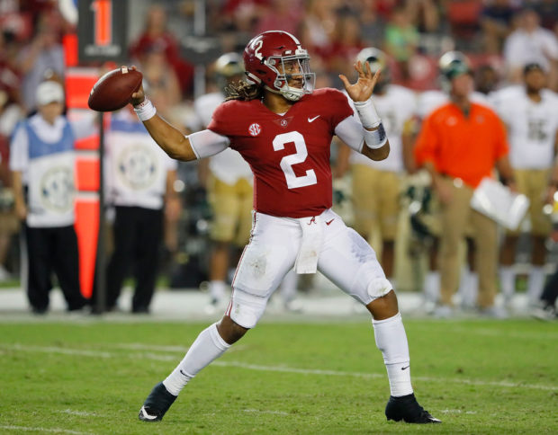 TUSCALOOSA, AL - SEPTEMBER 16: Jalen Hurts #2 of the Alabama Crimson Tide looks to pass against the Colorado State Rams at Bryant-Denny Stadium on September 16, 2017 in Tuscaloosa, Alabama. (Photo by Kevin C. Cox/Getty Images)