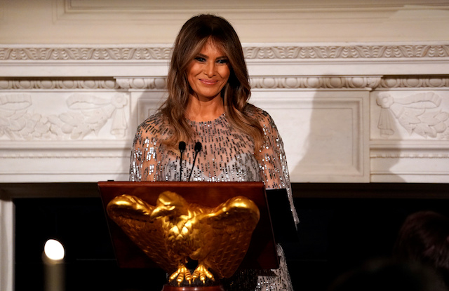 U.S. first lady Melania Trump speaks as she and President Donald Trump host the White House Historical Association reception and dinner at the White House in Washington, U.S., September 14, 2017. REUTERS/Kevin Lamarque - RC1A3B5F4B90