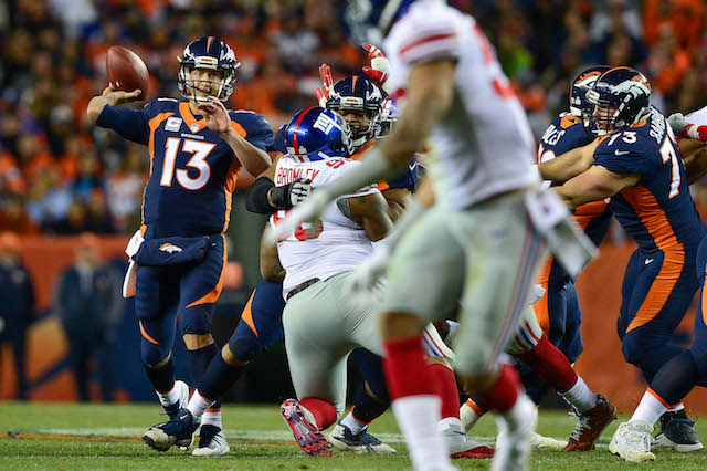 DENVER, CO - OCTOBER 15: Quarterback Trevor Siemian #13 of the Denver Broncos passes against the New York Giants during a game at Sports Authority Field at Mile High on October 15, 2017 in Denver, Colorado. (Photo by Dustin Bradford/Getty Images)