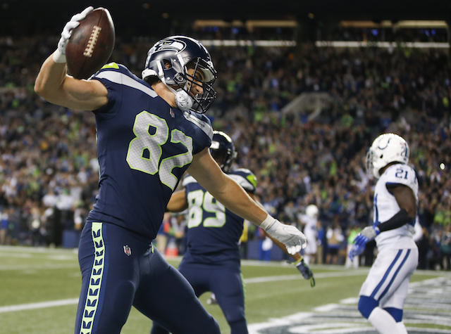 SEATTLE, WA - OCTOBER 1: Tight end Luke Willson #82 of the Seattle Seahawks spikes the ball as he celebrates his touchdown against the Indianapolis Colts in the fourth quarter of the game at CenturyLink Field on October 1, 2017 in Seattle, Washington. (Photo by Otto Greule Jr /Getty Images)