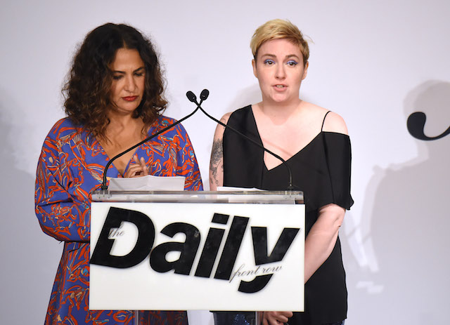 NEW YORK, NY - SEPTEMBER 08: Director Jenni Konner and actress Lena Dunham receive the Best Digital Destination award onstage during the Daily Front Row's Fashion Media Awards at Four Seasons Hotel New York Downtown on September 8, 2017 in New York City. (Photo by Michael Loccisano/Getty Images for Daily Front Row)
