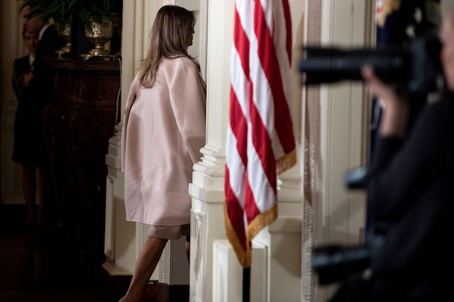 US first lady Melania Trump leaves after an event where US President Donald Trump nominated Kirstjen Nielsen to be US Secretary of Homeland Security in the East Room of the White House October 12, 2017 in Washington, DC. / AFP PHOTO / Brendan Smialowski (Photo credit should read BRENDAN SMIALOWSKI/AFP/Getty Images)