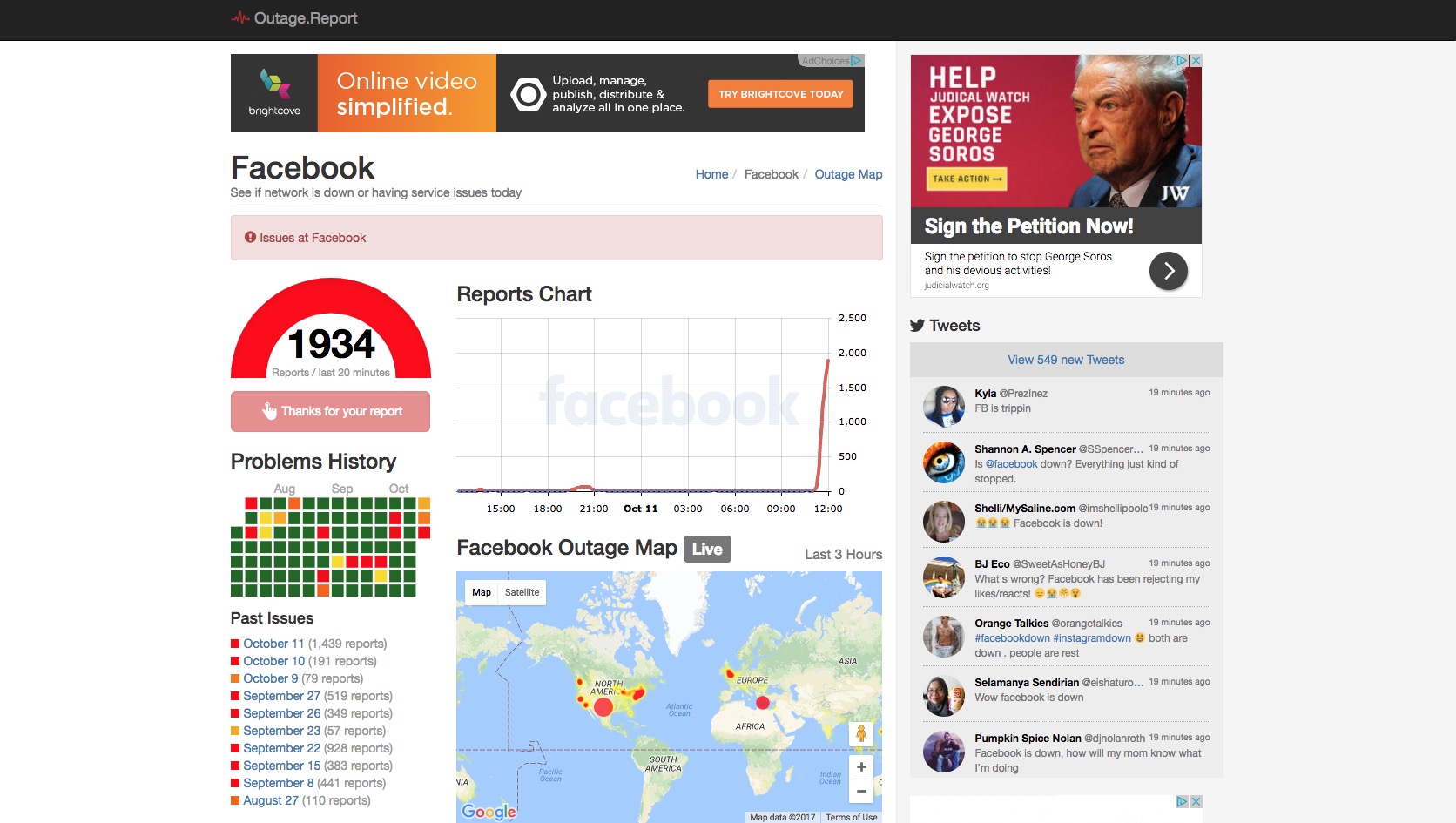 Facebook suffered worldwide outages just before noon on Wednesday (screenshot: outage.report/Facebook)