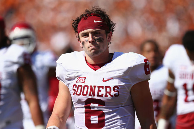 DALLAS, TX - OCTOBER 10: Baker Mayfield #6 of the Oklahoma Sooners walks off the field after a 24-17 loss against the Texas Longhorns during the 2015 AT&T Red River Showdown at Cotton Bowl on October 10, 2015 in Dallas, Texas. (Photo by Ronald Martinez/Getty Images)