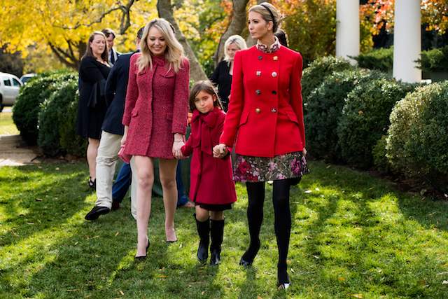 Ivanka Trump (R) holds her daughter Arabella Kushner's hand as she walk with sister Tiffany Trump (L) after viewing the pardoned Thanksgiving turkey Drumstick in the Rose Garden of the White House in Washington, DC, on November 21, 2017. / AFP PHOTO / JIM WATSON (Photo credit should read JIM WATSON/AFP/Getty Images)