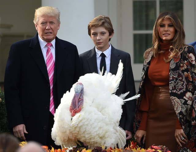 US President Donald Trump, First Lady Melania Trump (R) and their son Barron look on after Trump pardoned the turkey, Drumstick, during the ceremony at the White House in Washington, DC on November 21, 2017. / AFP PHOTO / ANDREW CABALLERO-REYNOLDS (Photo credit should read ANDREW CABALLERO-REYNOLDS/AFP/Getty Images)