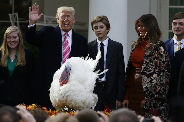 U.S. President Donald Trump participates in the 70th National Thanksgiving turkey pardoning ceremony as son Barron and first lady Melania Trump look on in the Rose Garden of the White House in Washington, U.S., November 21, 2017. REUTERS/Jim Bourg - HP1EDBL1EUCYD