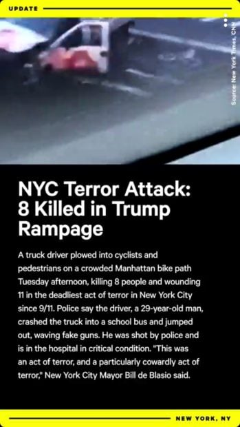 NowThis mischaracterized the NYC terror attack as a "Trump rampage" (Screenshot/Snapchat/NowThis)