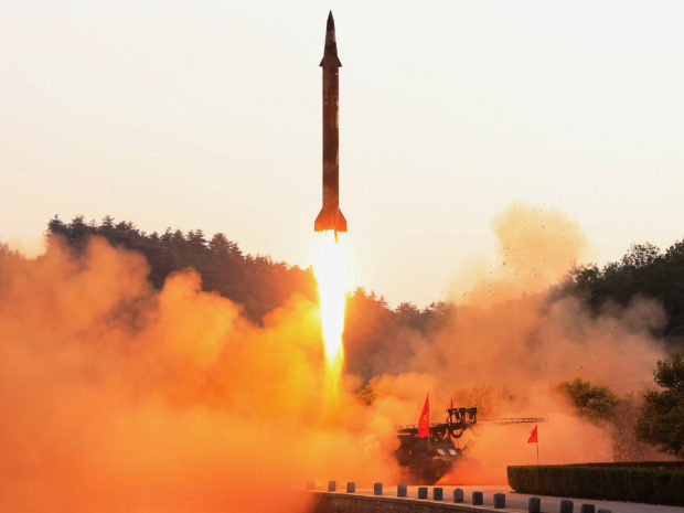 A ballistic rocket is test-fired through a precision control guidance system in this undated photo released by North Korea's Korean Central News Agency (KCNA) May 30, 2017. KCNA/via REUTERS