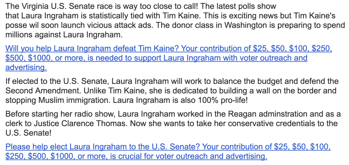 This super PAC claiming to fundraise for a Laura Ingraham Senate run is "totally fraudulent," Ingraham told The Daily Caller.