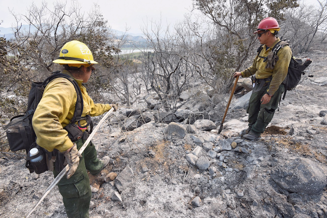 United States Forest Service firefighters retrieve hose as they work on extinguishing hot spots of the Whittier fire along Highway 154 near Cachuma Lake, California, July 10, 2017. Mike Eliason/Santa Barbara County Fire/Handout via REUTERS