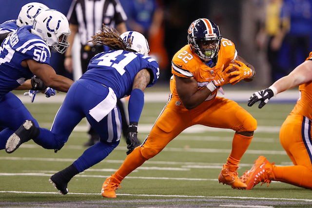 INDIANAPOLIS, IN - DECEMBER 14: C.J. Anderson #22 of the Denver Broncos runs with the ball against the Indianapolis Colts during the second half at Lucas Oil Stadium on December 14, 2017 in Indianapolis, Indiana. (Photo by Joe Robbins/Getty Images)