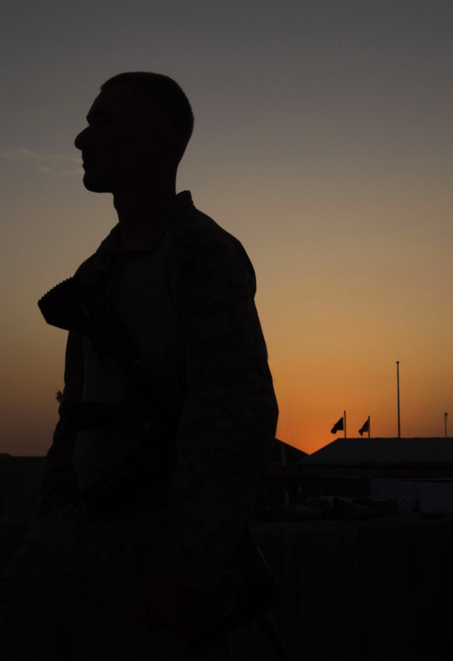 The sun sets over Camp Shorab. Roughly 300 Marines are currently stationed in Helmand Province in southern Afghanistan to train, advise and assist Afghan security forces as they battle the Taliban. (Hailey Sadler)