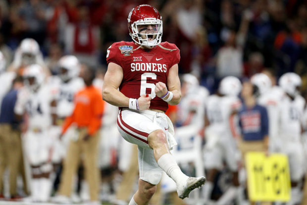 NEW ORLEANS, LA - JANUARY 02: Baker Mayfield #6 of the Oklahoma Sooners reacts after a touchdown against the Auburn Tigers during the Allstate Sugar Bowl at the Mercedes-Benz Superdome on January 2, 2017 in New Orleans, Louisiana. (Photo by Jonathan Bachman/Getty Images)