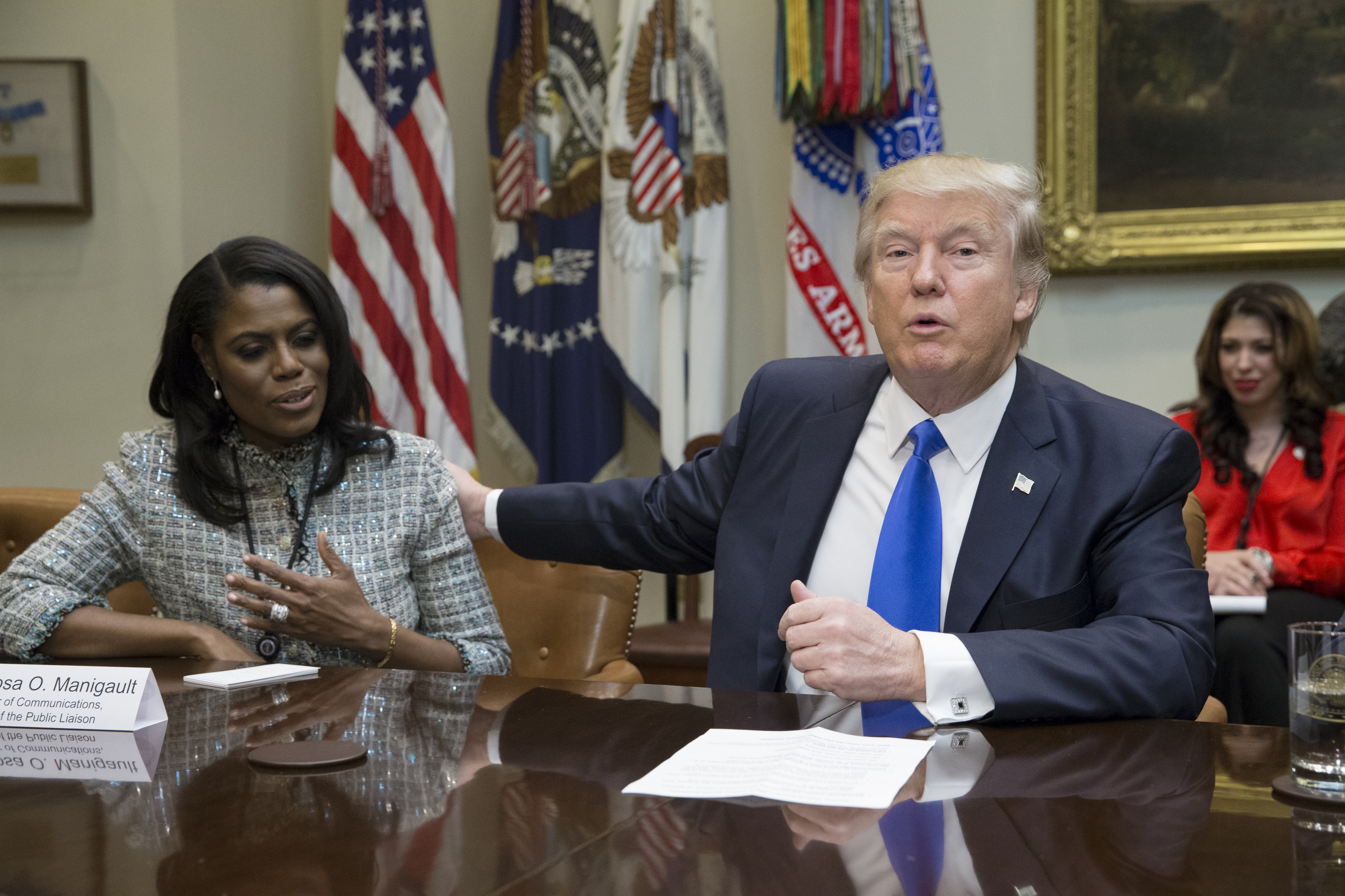 President Donald Trump holds an African American History Month listening session attended by Director of Communications for the Office of Public Liaison Omarosa Manigault and other officials in the Roosevelt Room of the White House on Feb. 1, 2017 in Washington, D.C. (Photo by Michael Reynolds - Pool/Getty Images)