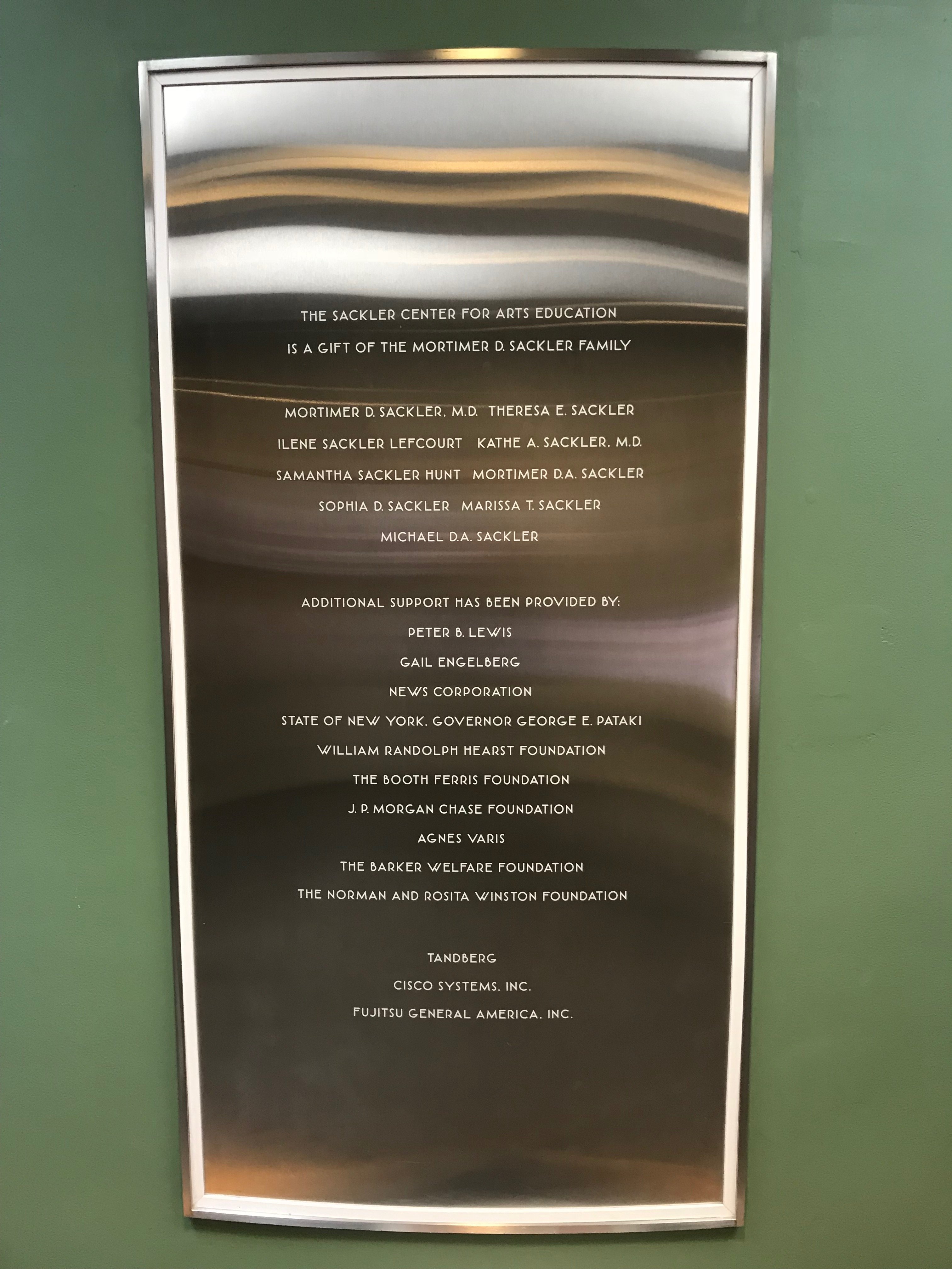A plaque listing the names of the Mortimer D. Sackler family at the Guggenheim Museum in New York City (DCNF/Ethan Barton)