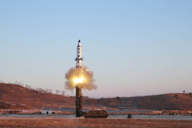 A view of the test-fire of Pukguksong-2 guided by North Korean leader Kim Jong Un on the spot, in this undated photo released by North Korea's Korean Central News Agency (KCNA) in Pyongyang February 13, 2017. KCNA/Handout via Reuters
