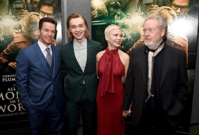 BEVERLY HILLS, CA - DECEMBER 18: (L-R) Mark Wahlberg, Charlie Plummer, Michelle Williams, and Ridley Scott attend the premiere of Sony Pictures Entertainment's "All The Money In The World" at Samuel Goldwyn Theater on December 18, 2017 in Beverly Hills, California. (Photo by Kevin Winter/Getty Images)