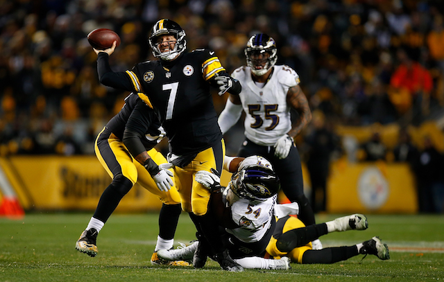PITTSBURGH, PA - DECEMBER 10: Ben Roethlisberger #7 of the Pittsburgh Steelers attempts a throw under pressure from Tyus Bowser #54 of the Baltimore Ravens in the fourth quarter during the game at Heinz Field on December 10, 2017 in Pittsburgh, Pennsylvania. (Photo by Justin K. Aller/Getty Images)