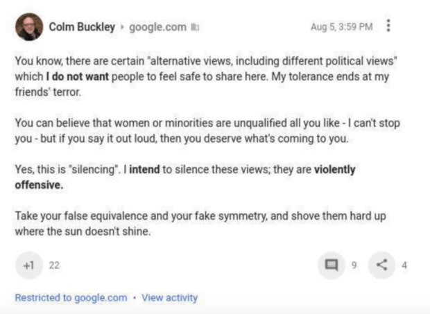 A Google employee promises to silence internal conservative views.
