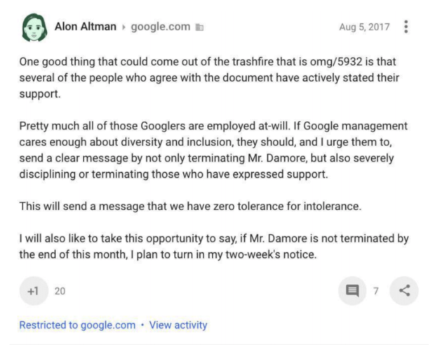 A Google employee threatens to quit if conservative personnel are not fired.