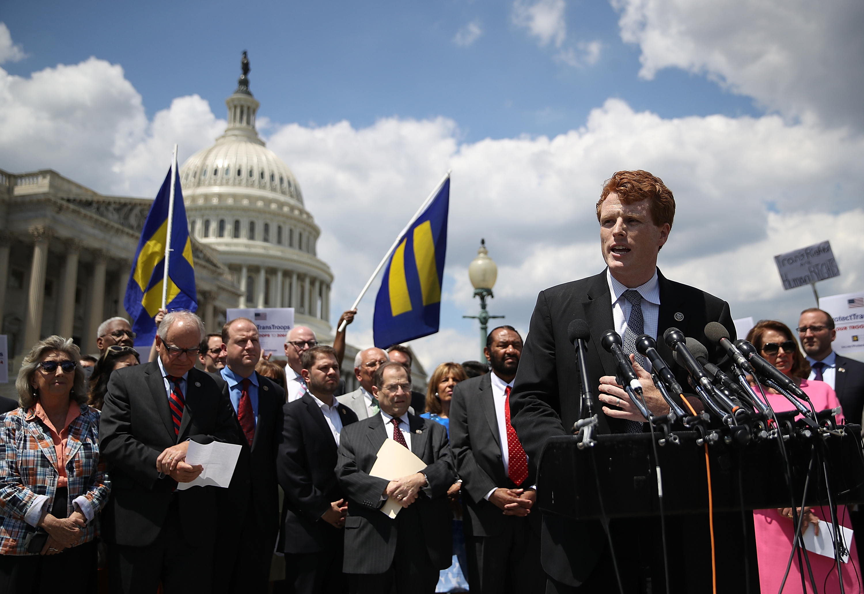 WASHINGTON, DC - JULY 26: U.S. Rep. Joe Kennedy (D-MA) speaks during a press conference condemning the new ban on transgendered servicemembers on July 26, 2017 in Washington, DC. U.S. Rep. Joe Kennedy held a news conference with members of the House leadership and the LGBT Equality Caucus to denounce the decision by U.S. President Donald Trump to ban transgendered servicemembers. (Photo by Justin Sullivan/Getty Images)
