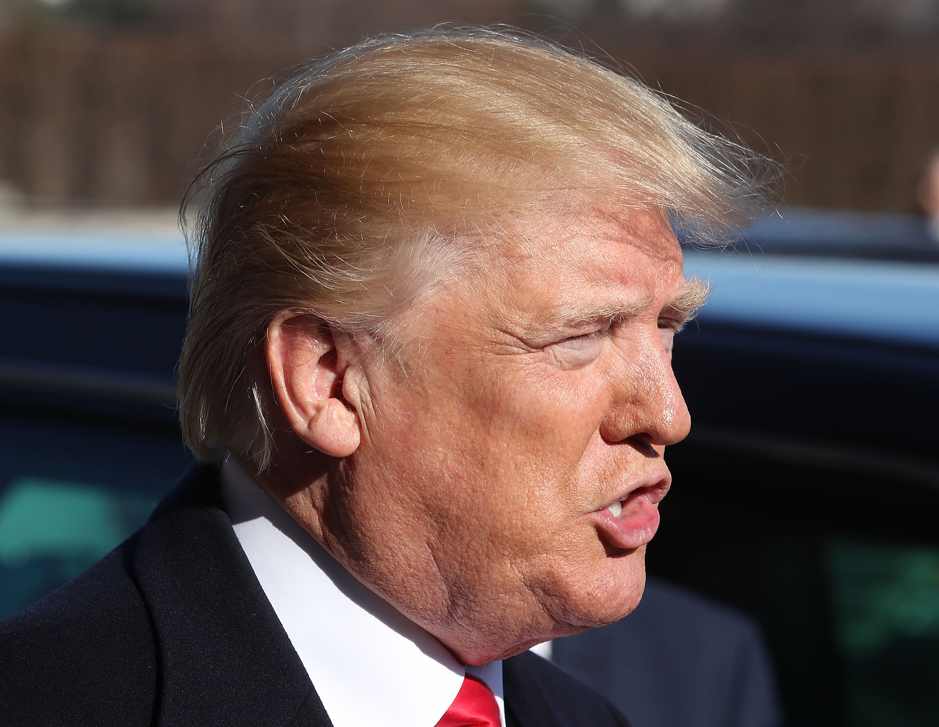 ARLINGTON, VA - JANUARY 18: U.S. President Donald Trump speaks to the media after arriving for a meeting at the Pentagon, on January 18, 2018 in Arlington, Virginia. (Photo by Mark Wilson/Getty Images)