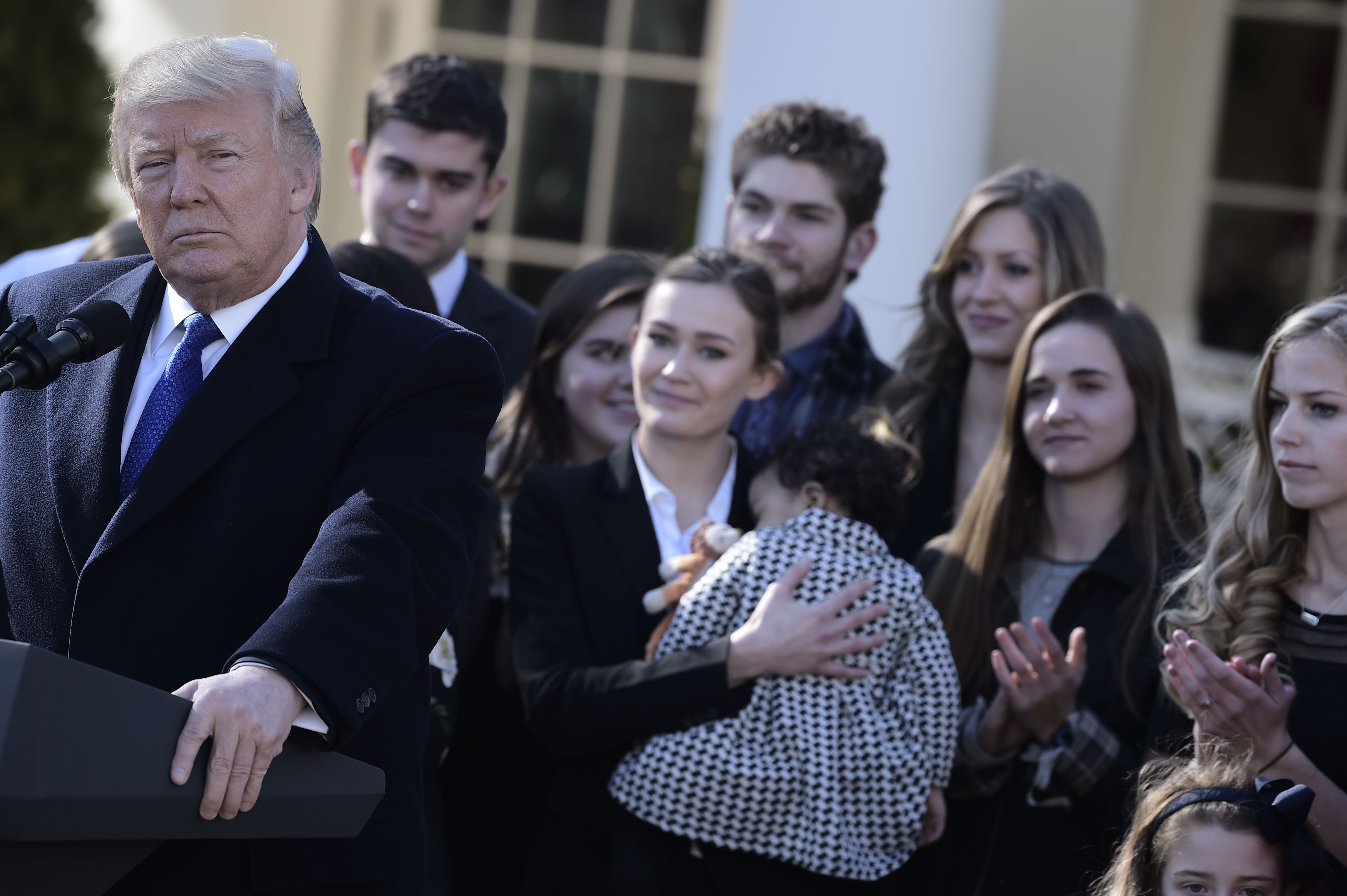 US President Donald Trump speaks live via video link to the annual "March for Life" participants and anti-abortion leaders on January 19, 2018 from the White House in Washington,DC. The 45th edition of the rally, which describes itself as "the world's largest pro-life event," takes place on the National Mall -- with other scheduled speakers including House Speaker Paul Ryan. / AFP PHOTO / Brendan SMIALOWSKI (Photo credit should read BRENDAN SMIALOWSKI/AFP/Getty Images)