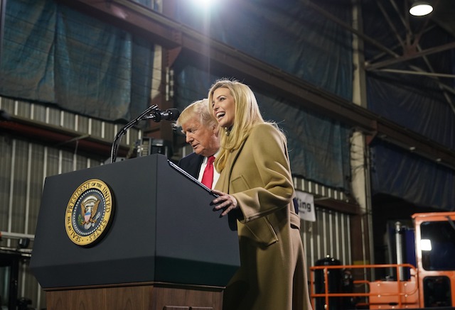 Ivanka Trump arrives on stage to speak along side her father US President Donald Trump following a tour of the H&K Equipment Company in Coraopolis, Pennsylvania on January 18, 2018. / AFP PHOTO / MANDEL NGAN (Photo credit should read MANDEL NGAN/AFP/Getty Images)
