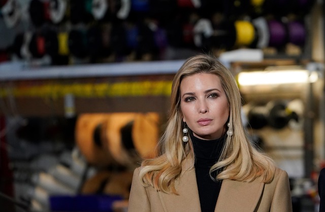 Ivanka Trump watches as US President Donald Trump tours the H&K Equipment Company in Coraopolis, Pennsylvania on January 18, 2018. / AFP PHOTO / Mandel NGAN (Photo credit should read MANDEL NGAN/AFP/Getty Images)