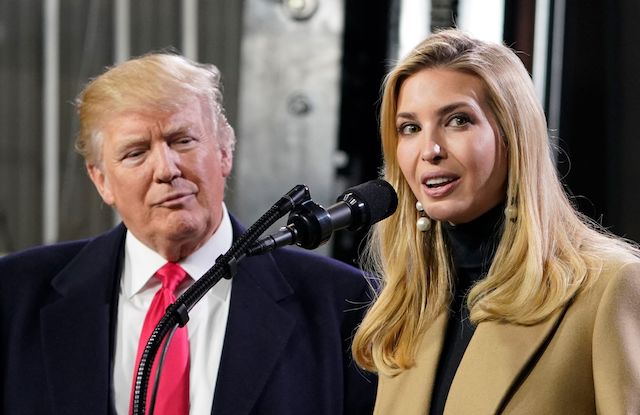Ivanka Trump speaks next to her father US President Donald Trump following a tour of the H&K Equipment Company in Coraopolis, Pennsylvania on January 18, 2018. / AFP PHOTO / Mandel NGAN (Photo credit should read MANDEL NGAN/AFP/Getty Images)