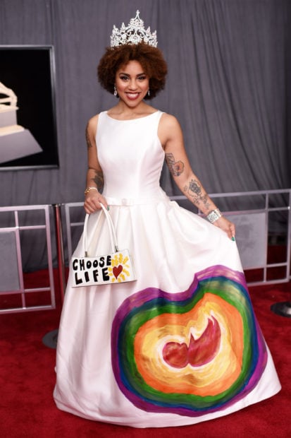 Singer Joy Villa wears a pro-life message on her dress to the 60th Annual GRAMMY Awards at Madison Square Garden on January 28, 2018 in New York City. (Photo: Dimitrios Kambouris/Getty Images for NARAS)