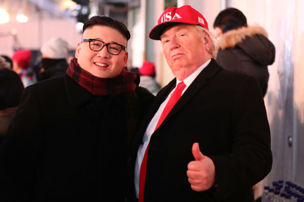 PYEONGCHANG-GUN, SOUTH KOREA - FEBRUARY 09: Impersonators of Donald Trump and Kim Jong Un pose during the Opening Ceremony of the PyeongChang 2018 Winter Olympic Games at PyeongChang Olympic Stadium on February 9, 2018 in Pyeongchang-gun, South Korea. (Photo by Ryan Pierse/Getty Images)