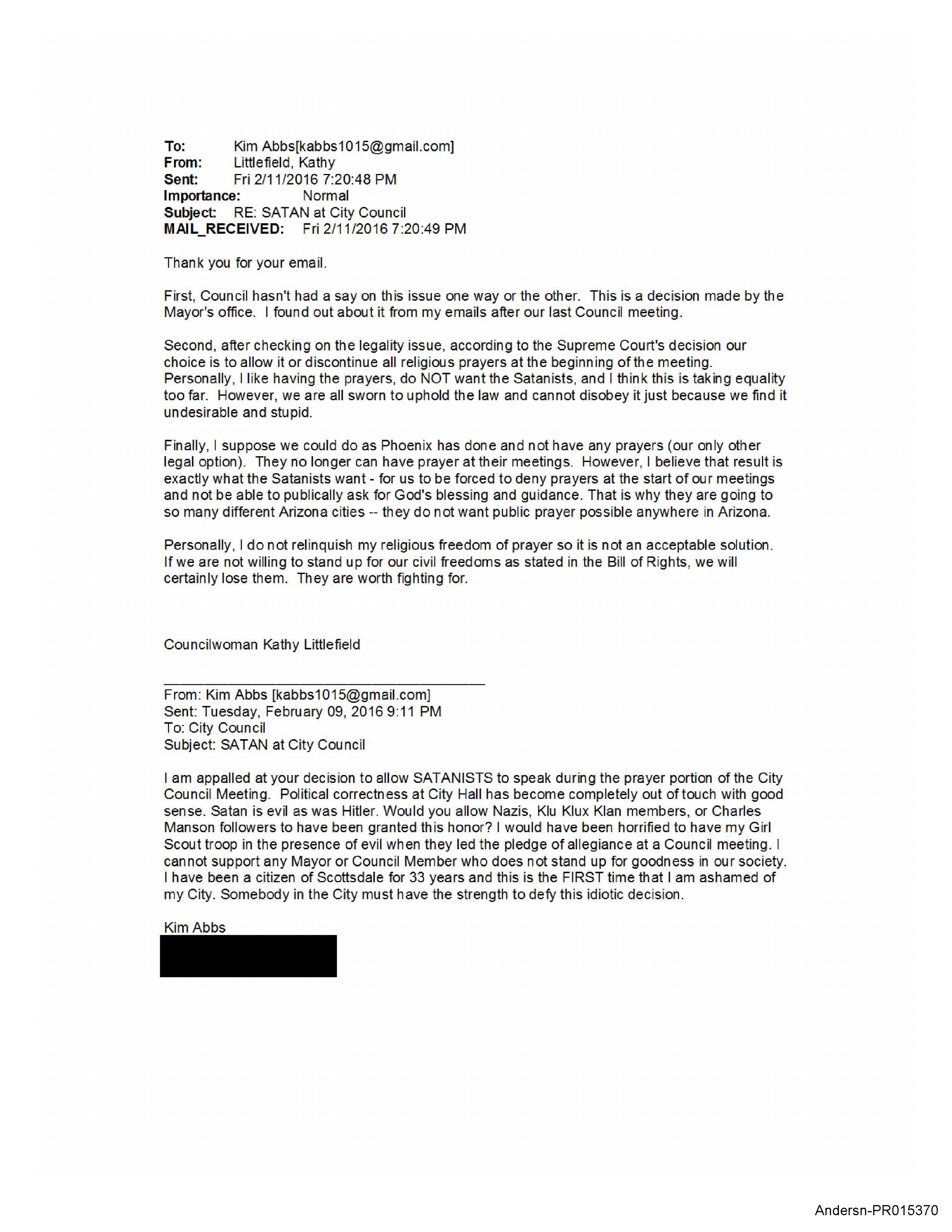 Email from Scottsdale Council Woman Kathy Littlefield to a concerned citizen about a Satanist invocation. (Public Record)