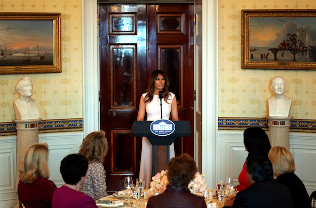 U.S. first lady Melania Trump speaks while hosting a luncheon with governor's spouses at the White House in Washington, U.S., February 26, 2018. REUTERS/Kevin Lamarque - RC19AF2D53C0