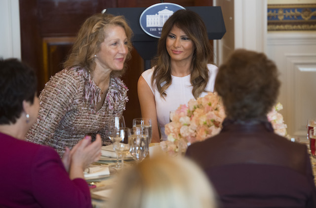US First Lady Melania Trump speaks as she hosts a luncheon for the spouses of US governors attending the National Governors Association (NGA) winter meeting in the Blue Room of the White House in Washington, DC, February 26, 2018. / AFP PHOTO / SAUL LOEB (Photo credit should read SAUL LOEB/AFP/Getty Images)
