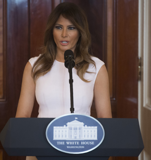 US First Lady Melania Trump speaks as she hosts a luncheon for the spouses of US governors attending the National Governors Association (NGA) winter meeting in the Blue Room of the White House in Washington, DC, February 26, 2018. / AFP PHOTO / SAUL LOEB (Photo credit should read SAUL LOEB/AFP/Getty Images)