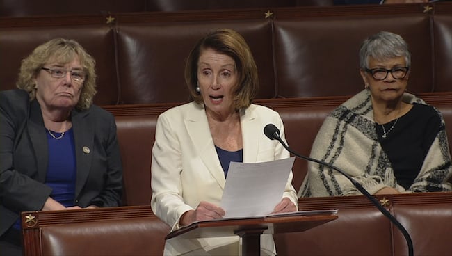 House Minority Leader Nancy Pelosi is shown speaking on the floor of the House of Representatives in this still grab taken from video on Capitol Hill in Washington, February 7, 2018. U.S. House TV/Handout via Reuters