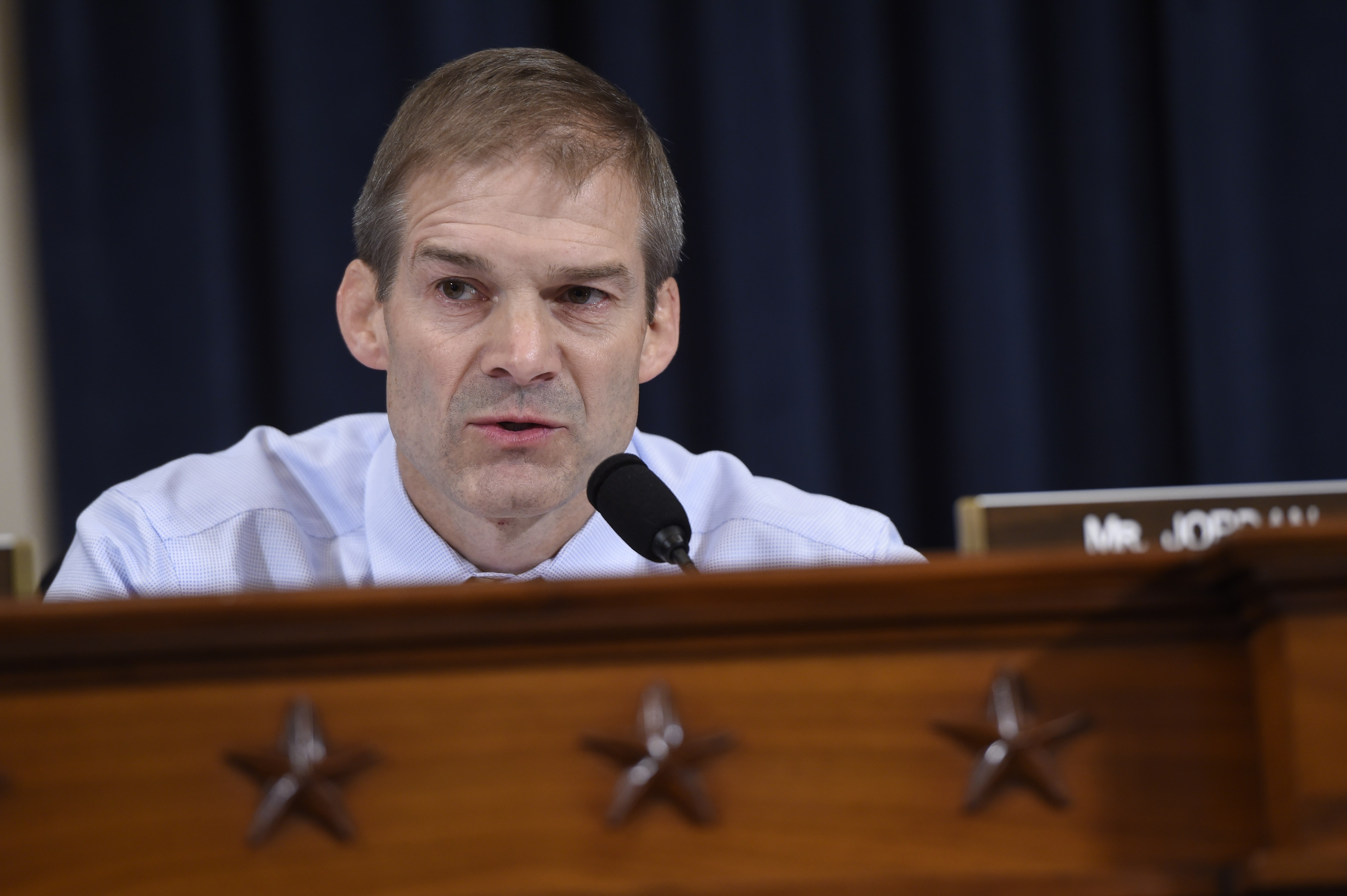 Republican US Representative from Ohio Jim Jordan questions former US Secretary of State and Democratic Presidential hopeful Hillary Clinton as she testifies before the House Select Committee on Benghazi on Capitol Hill in Washington, DC, October 22, 2015. (SAUL LOEB/AFP/Getty Images)
