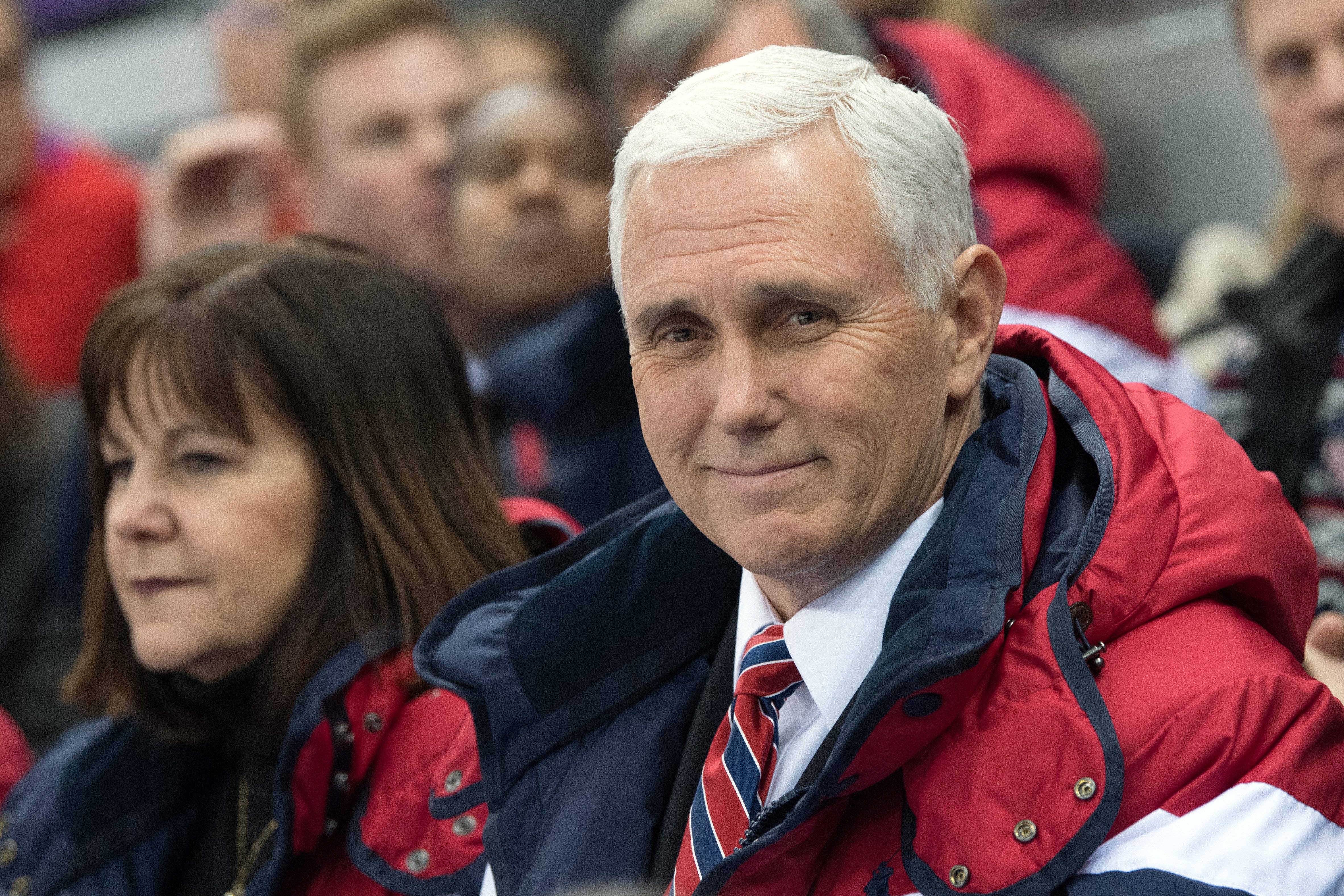 GANGNEUNG, SOUTH KOREA - FEBRUARY 10: United States Vice President Mike Pence and his wife Karen watch short track speed skating at Gangneung Ice Arena on February 10, 2018 in Gangneung, South Korea. Mr Pence is on the final day of a three day visit to South Korea where he watched last night's opening ceremony in close proximity to North Korea's ceremonial head of state Kim Yong-nam and Kim Jong-un's sister, Kim Yo-jong. (Photo by Carl Court/Getty Images)