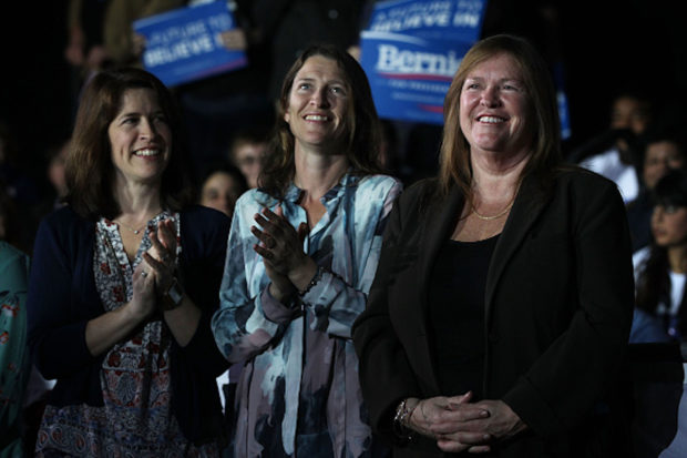 DES MOINES, IA - JANUARY 31: Jane O'Meara Sanders (R), wife of Democratic presidential candidate, Sen. Bernie Sanders (I-VT) and daughters Heather Titus (2nd L) and Carina Driscoll (L) listen during a campaign event at Grand View University January 31, 2016 in Des Moines, Iowa. Sanders hosted his last public campaign event for the Democratic nomination prior to the Iowa caucus tomorrow. (Photo by Alex Wong/Getty Images)